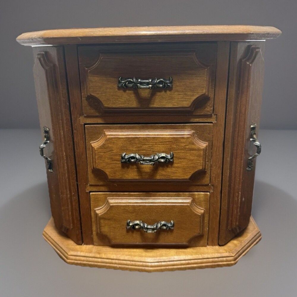 Vintage 3-Drawer Tabletop Jewelry Box Cabinet Wood MCM Brass Handles 2-Side Draw